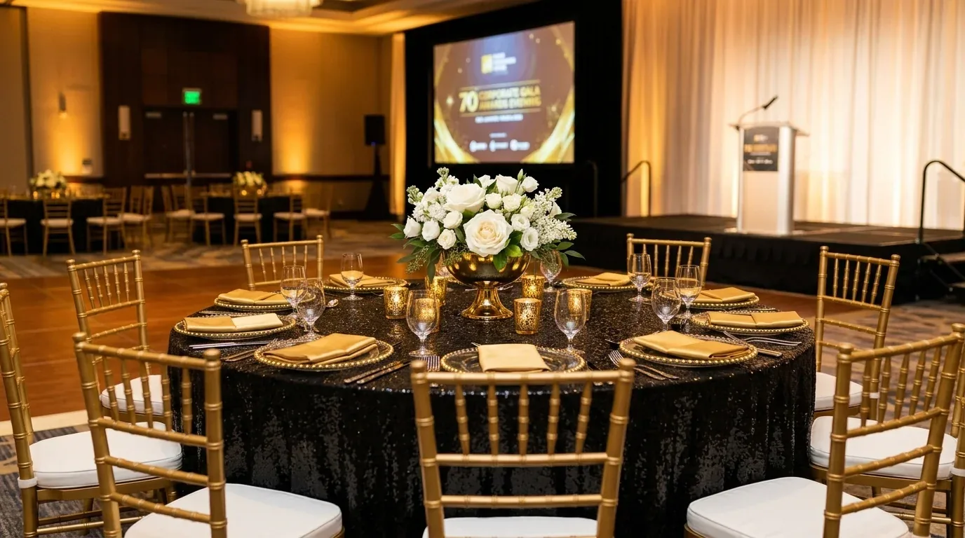 A finished reception tablescape rendered in Morrowset